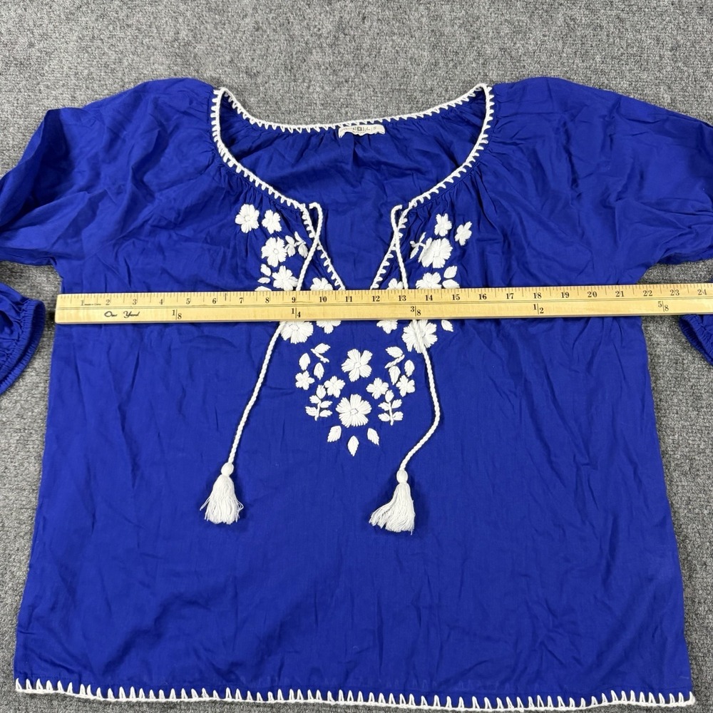 Natural Life Top Small Blue Floral Embroidered Bohemian Peasant V Neck Tassel - Picture 5 of 8